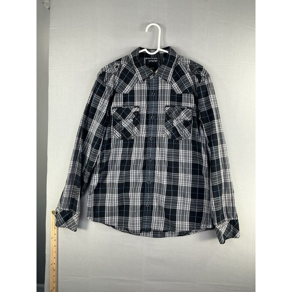 BKE Buckle Shirt Mens Large Long Sleeve Black/Gray Plaid Slim Fit Western Snaps